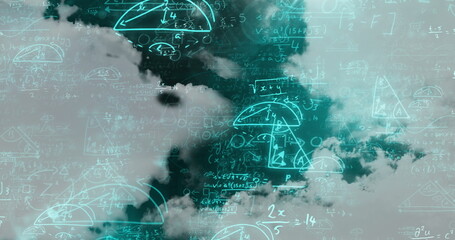 Image of mathematical data processing over clouds background