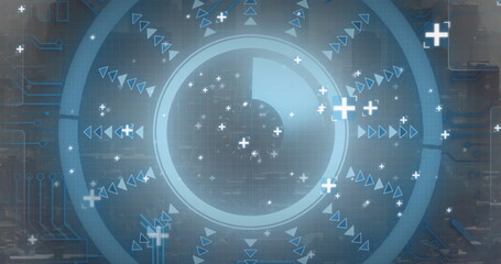 Image of scope scanning with data processing over cityscape