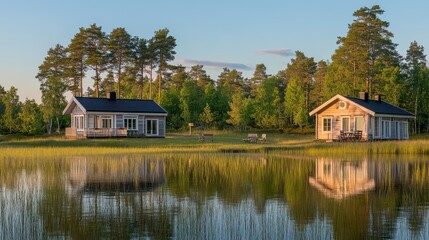 Obraz premium Charming Rustic Lakeside Cabins at Sunrise