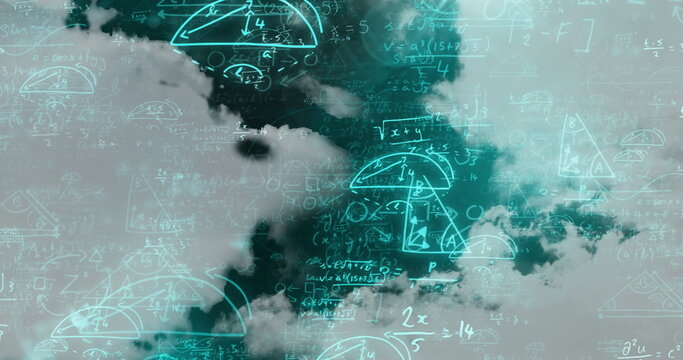 Image of mathematical data processing over clouds background