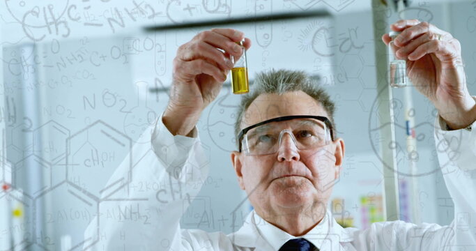 Image of mathematical equations over caucasian male scientist doing experiment in lab