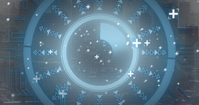 Image of scope scanning with data processing over cityscape