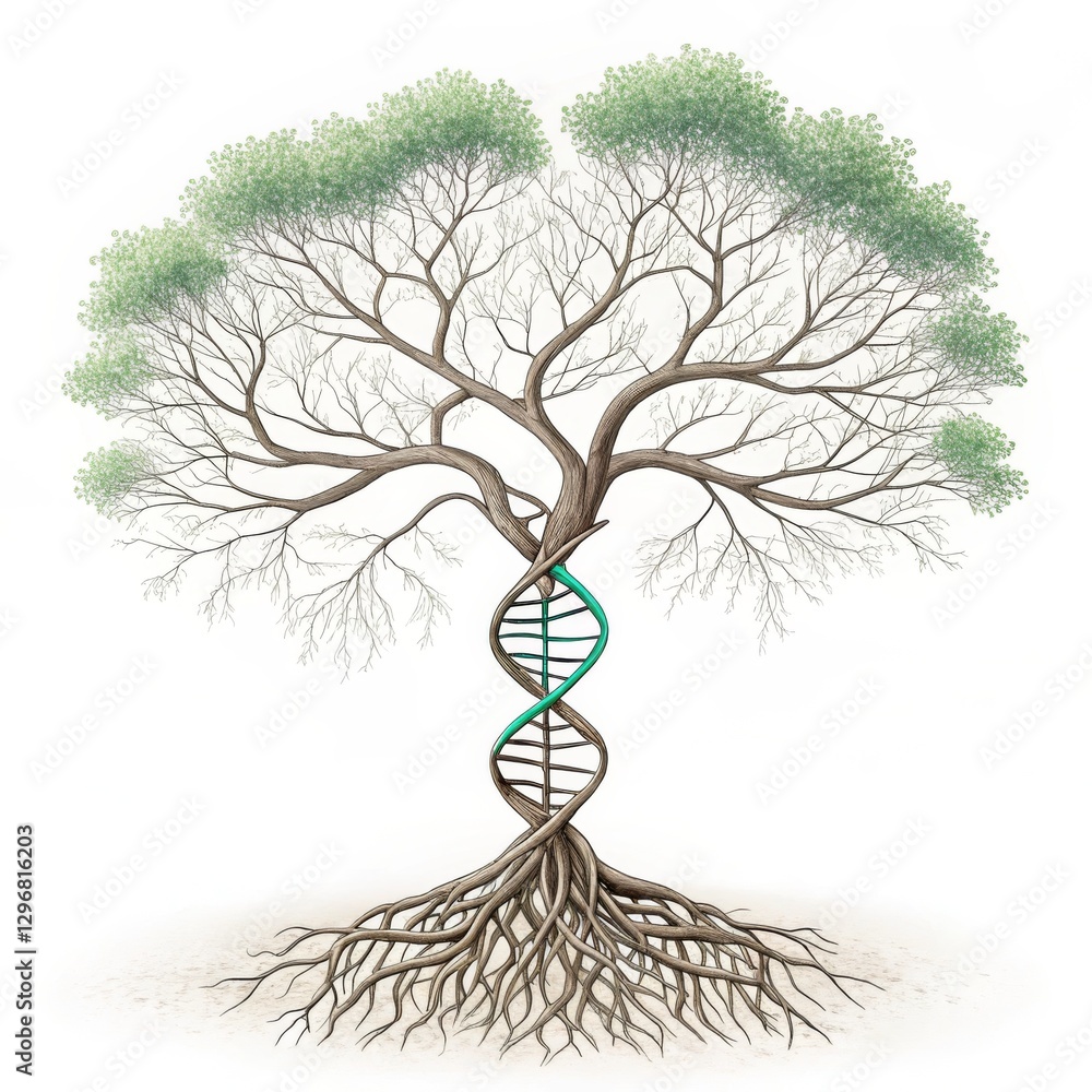 Poster a stylized tree features green leaves and a dna helix intertwined within its trunk, symbolizing the 
