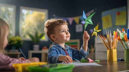 Caucasian child enjoying origami in classroom with paper pinwheels and art supplies