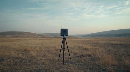 Naklejka premium Cube on Tripod in Vast Field Under Evening Sky Landscape
