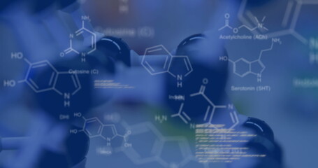 Image of scientific data processing over molecule in laboratory