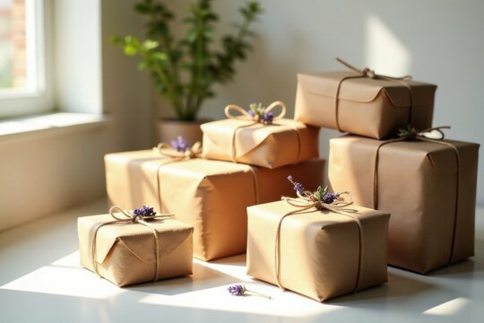 A stack of modestly sized presents wrapped in eco-friendly kraft paper, adorned with sprigs of lavender, bathed in sunlight near a window.