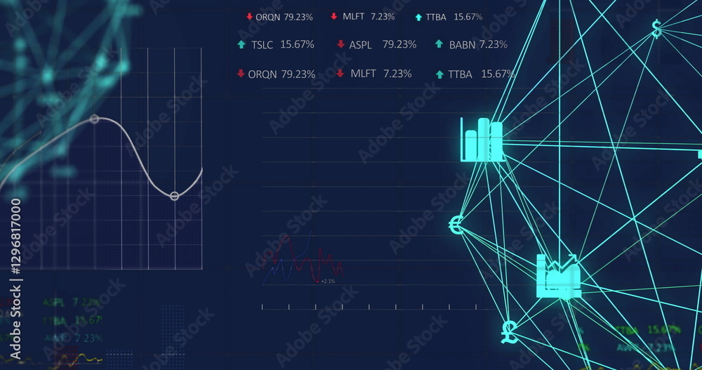 Poster image of financial data processing and network of connections with icons on black background