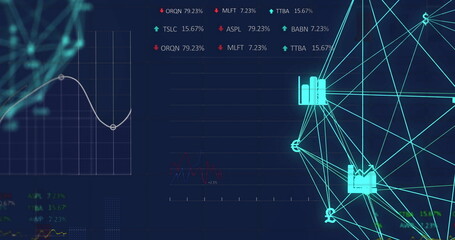 Image of financial data processing and network of connections with icons on black background