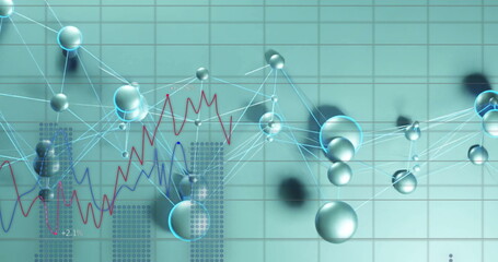 Image of financial data processing and network of connections with icons on grey background