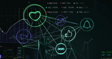 Image of financial data processing and network of connections with icons on black background