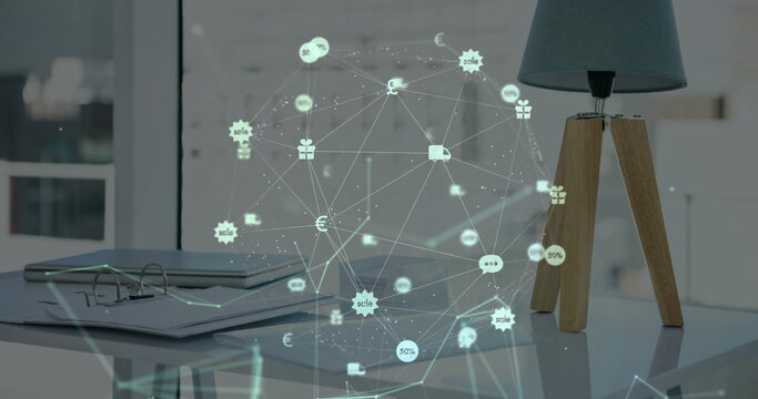 Image of network of connections with icons over empty room in office - Powered by Adobe