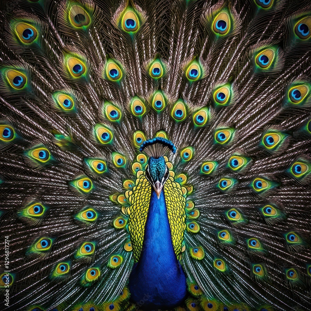 Poster magnificent peacock displaying vibrant feathers with stunning blue and green patterns on its tail in