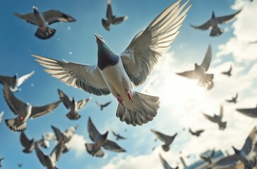Obraz premium Majestic Action of Birds in Flight with Spreading Wings Against a Bright Sky in a Stunning Natural Environment