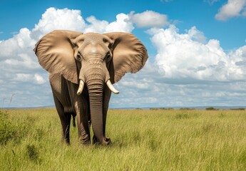 Fototapeta premium Majestic African Elephant Standing Proudly in Lush Green Grassland Under a Blue Sky with Fluffy White Clouds in a Natural Habitat