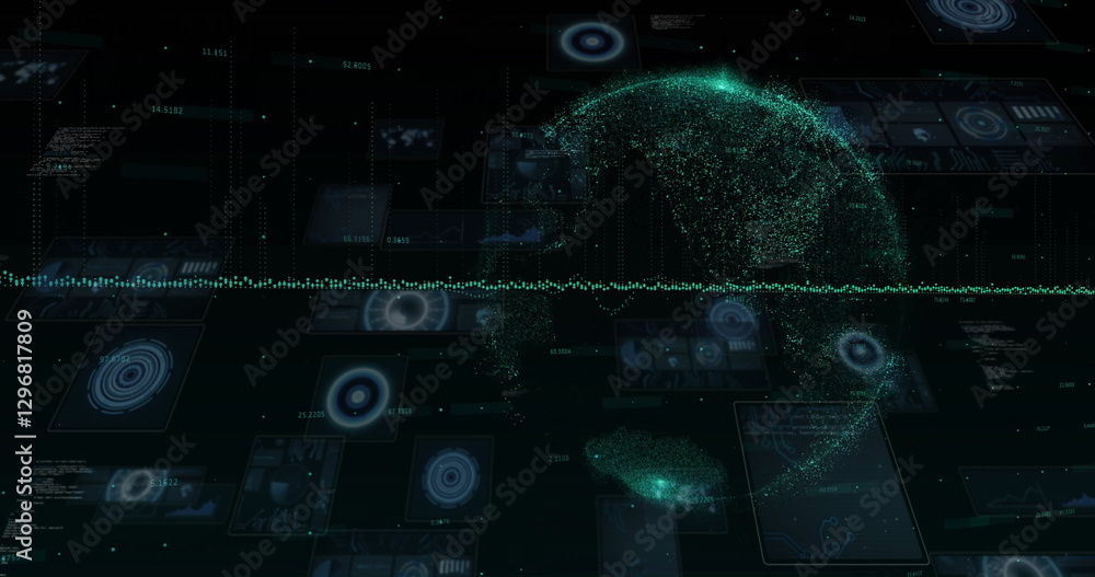 Poster image of financial data processing and globe over black background