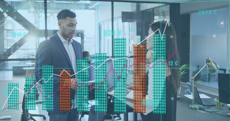 Image of financial data processing over diverse business people in office