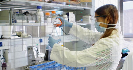 Image of scientific data processing over biracial female scientist in laboratory