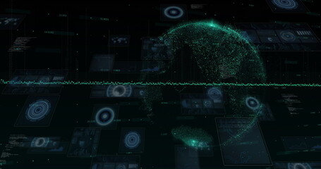 Image of financial data processing and globe over black background