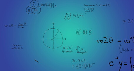 Image of mathematical data processing over blue background
