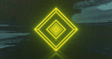 Image of neon shapes over light trails on black background