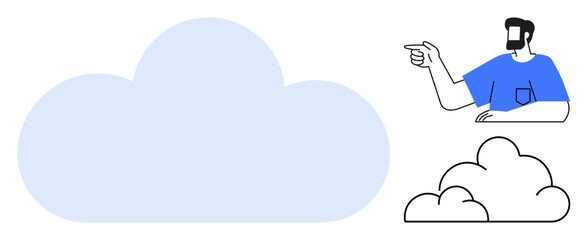 Man pointing above cloud shapes, suggesting interaction, technology, innovation. Ideal for concepts thumbs up cloud computing, communication, data storage, futuristic ideas, imagination creativity