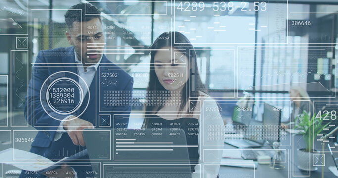 Image of financial data processing over diverse business people in office