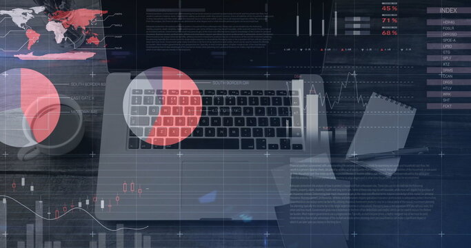 Image of financial data processing over laptop and notebook on desk