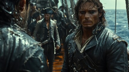 Pirates fighting on the deck of a ship during a storm