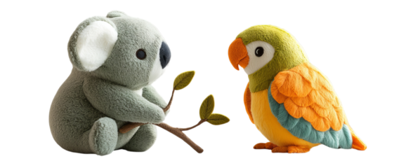 Png of Koala and Parrot Plush Toys: Cute Animal Softies for Kids on transparent background.