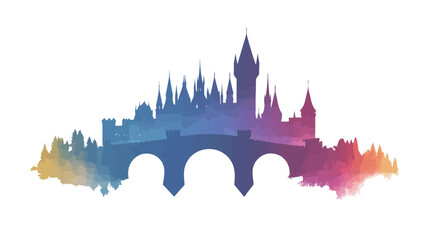 Obraz premium A stylized illustration depicting a cityscape silhouette with a bridge, rendered in a vibrant rainbow gradient. The image is a vector graphic with a smooth color transition, creating a