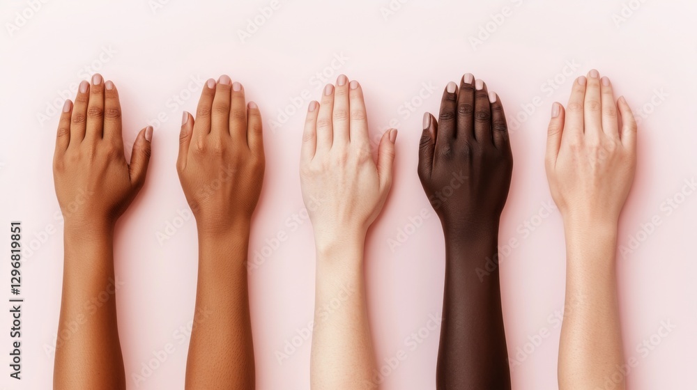 Poster a diverse arrangement of hands in various skin tones displayed on a soft pink background, symbolizin