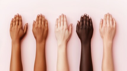 A diverse arrangement of hands in various skin tones displayed on a soft pink background, symbolizing unity and inclusivity.