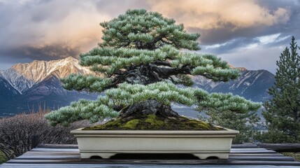 Serene Bonsai Tree Against Majestic Mountain Landscape at Sunset