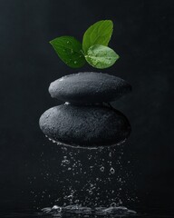 Floating black stones with green leaves zen garden still life tranquil environment close-up serenity