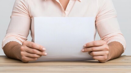 Obraz premium A person holding a blank sheet of paper while seated at a wooden table, dressed in a light-colored shirt.