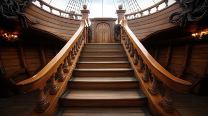Elegant wooden staircase leading to upper deck of pirate ship © Professional Agency
