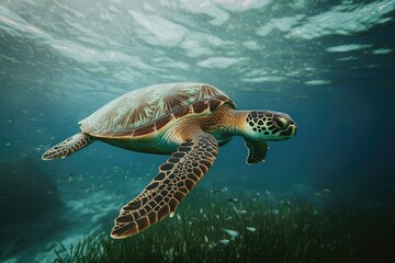 Graceful turtle gliding through crystal-clear waters, surrounded