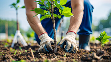 Hands planting young tree in soil, symbolizing growth, sustainability, environmental care. Sunlight highlights details of rough hands, fresh leaves, rich soil, creating warm