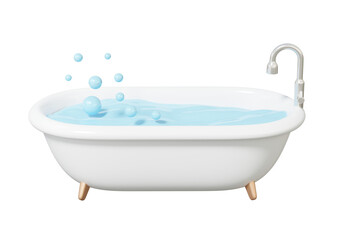 Modern design white bathtub with water and soap bubbles on isolated transparent png background. washroom interior luxury bathroom relaxation shower restroom. 3d rendering illustration