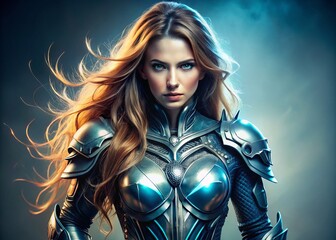 Futuristic Warrior Woman: Long Hair, High-Tech Armor, Studio Portrait