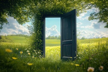 Open Door to Idyllic Spring Meadow Landscape, Nature Escape Fantasy