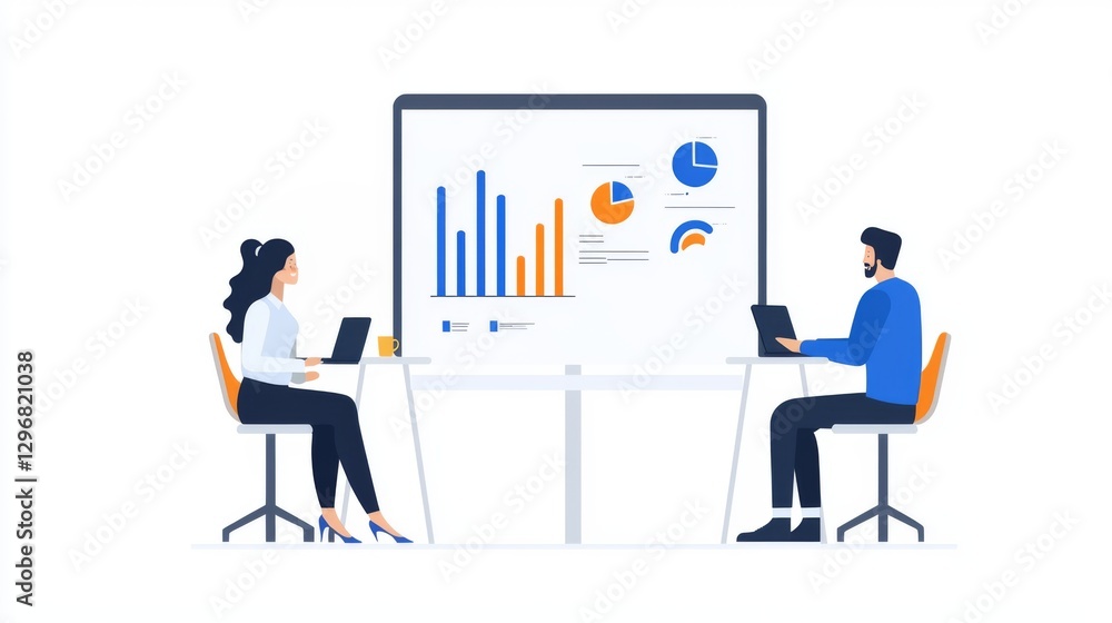 Poster two professionals analyze data on a large screen, showcasing various charts and graphs in a modern w