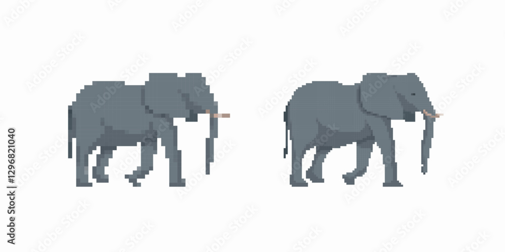 Poster two elephants in pixel art style showcasing unique minimalist design with distinctive long trunks.