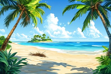 Obraz premium A painting of a tropical beach with palm trees and an island