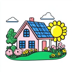 Fototapeta premium Illustrative Eco-friendly House with Solar Panels, Sunflower, and Lush Garden in Bright Colors