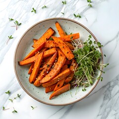 A plate of caramelized sweet potato fries with microgreens on the side, placed against a white marble background, shot from above in a close-up view.