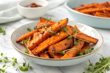A plate of caramelized sweet potato fries with microgreens on the side, placed against a white marble background, shot from above in a close-up view.