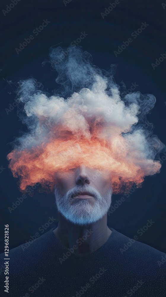 Poster surreal art event man with explosive clouds creative studio digital art dark background conceptual p