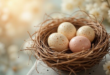 Obraz premium Soft Focus Decorative Easter Eggs Nestled Twigs Blurred Floral Background - Springtime Celebration Easter Marketing Home Decor